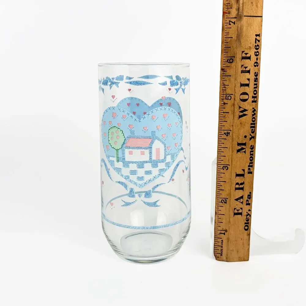 Vintage Cottagecore Farmhouse Folk Art Heart Blue Bow 12 oz Water Glasses Set 4